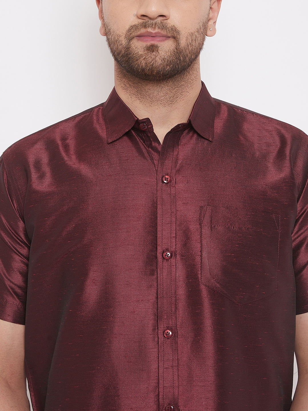 VM BY VASTRAMAY Men's Wine Silk Blend Ethnic Shirt