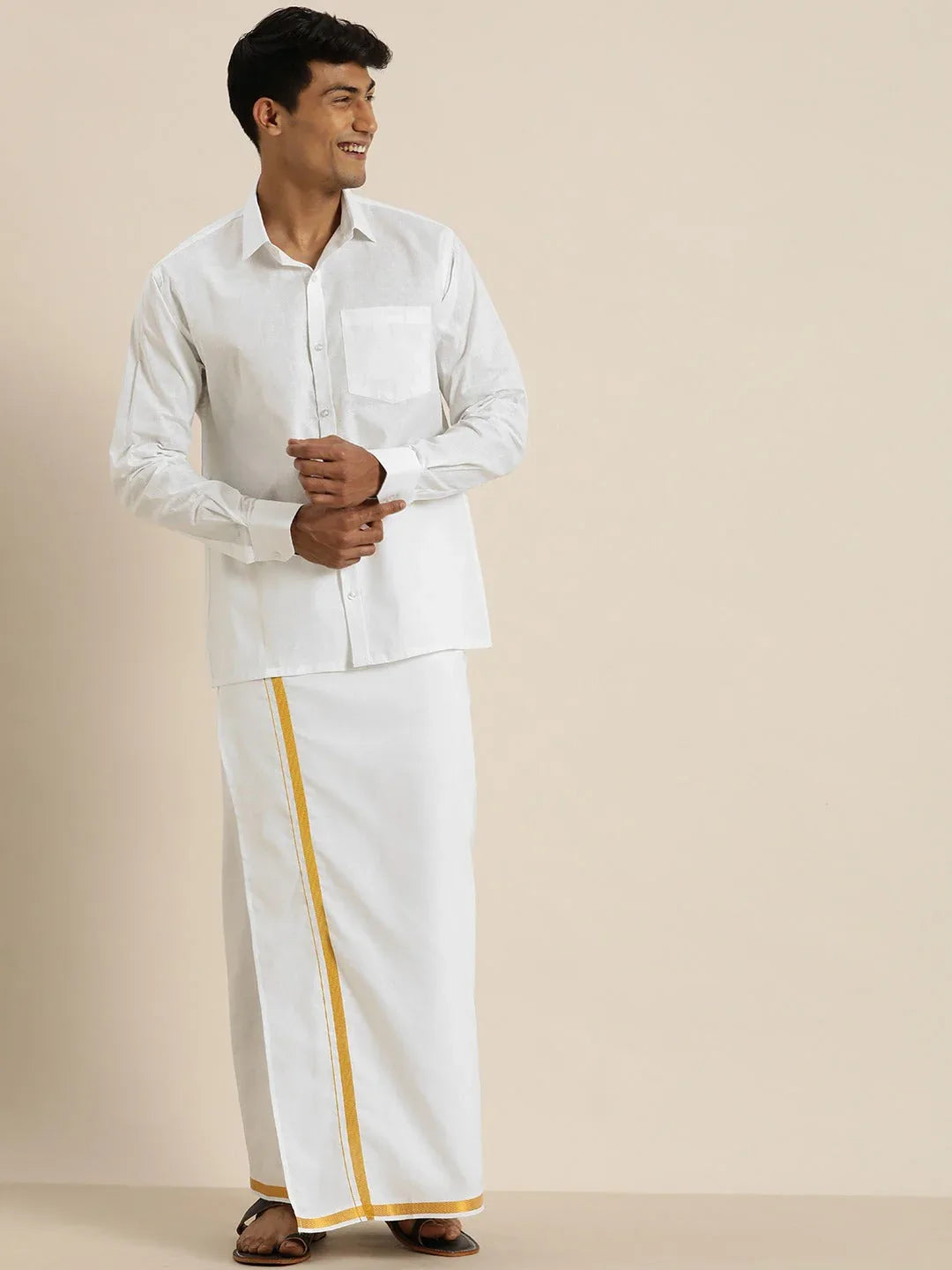 Men's White Cotton Shirt And Mundu Set
