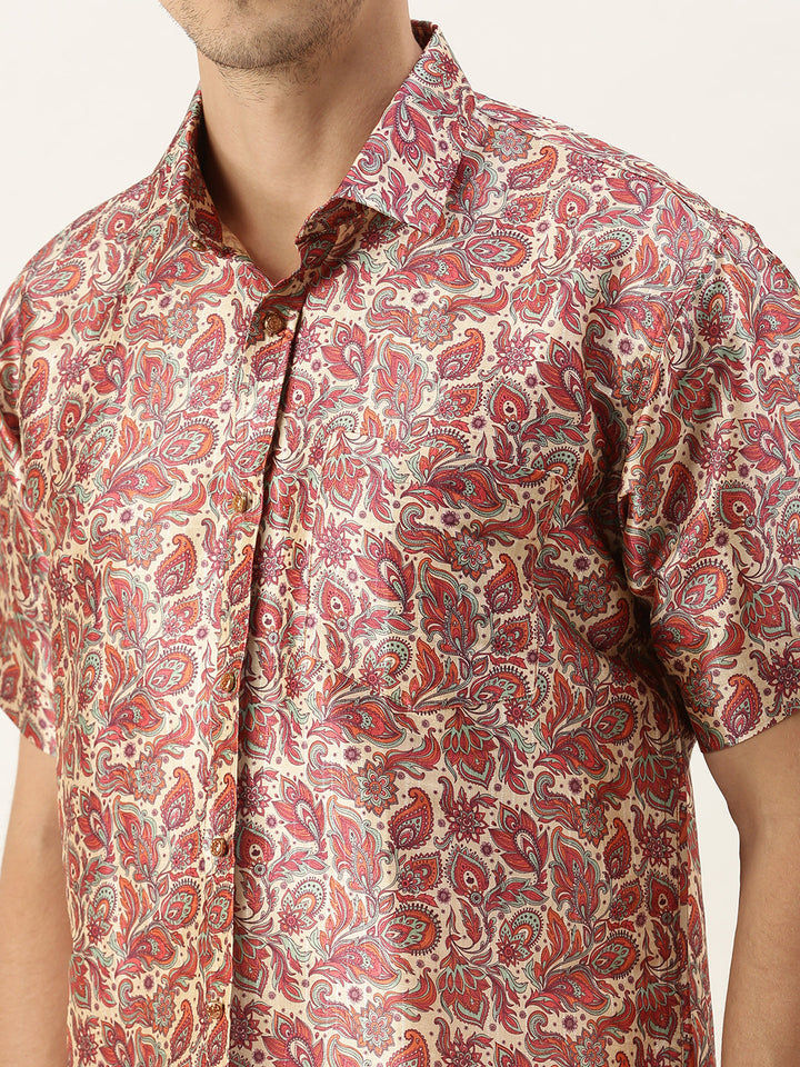 VASTRAMAY Men's Multi-Color Silk Blend Printed Shirt And Mundu Set