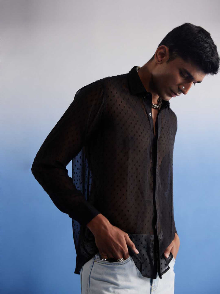  Stylish and elegant VASTRAMAY Men's Black Georgette Shirt, a versatile addition to your wardrobe for various occasions