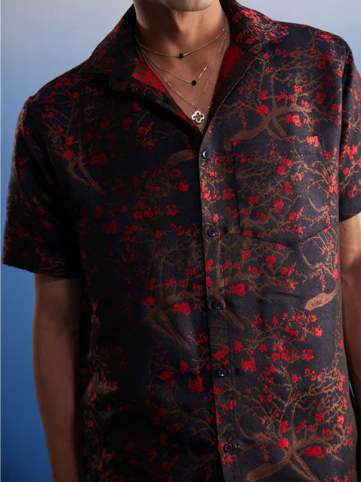 VASTRAMAY Men's Maroon Jacquard Shirt with intricate woven patterns and a comfortable fit