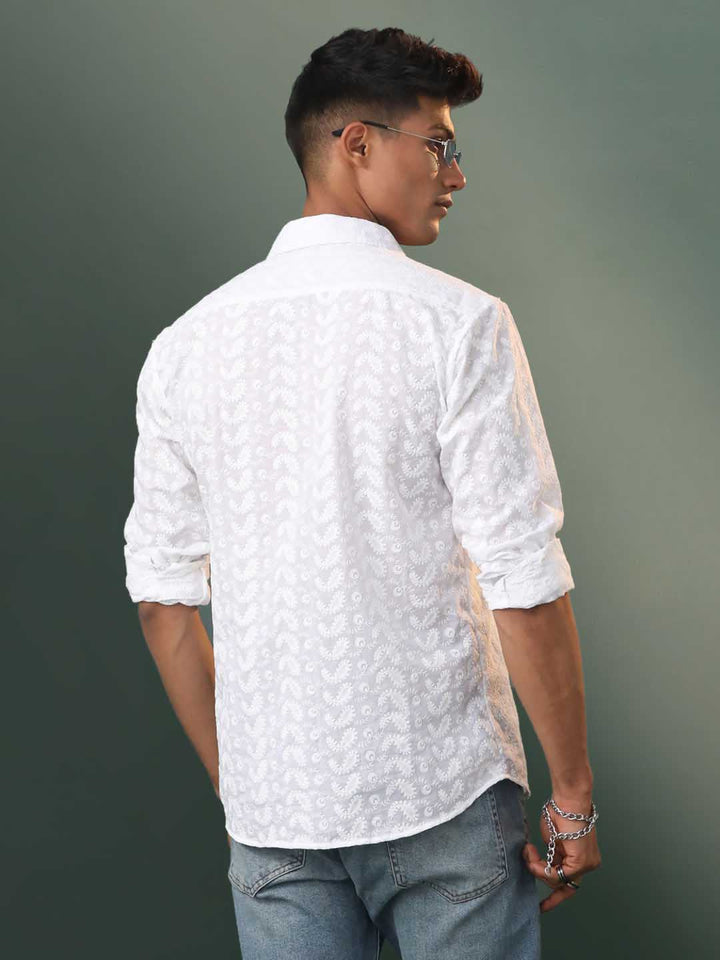 VASTRAMAY Men's White Chikankari Cotton Shirt with Intricate Hand Embroidery