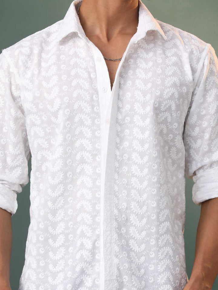 VASTRAMAY Men's White Chikankari Cotton Shirt with Intricate Embroidery Detailing