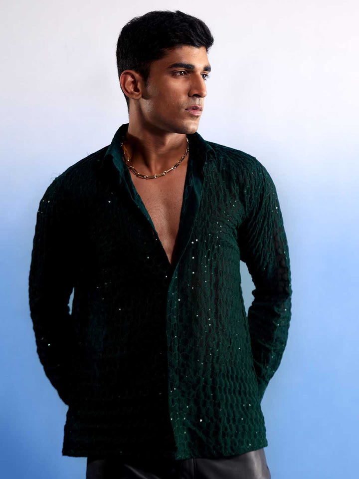 VASTRAMAY Men's Green Fancy Sequined Shirt with Embroidered Collar and Cuffs