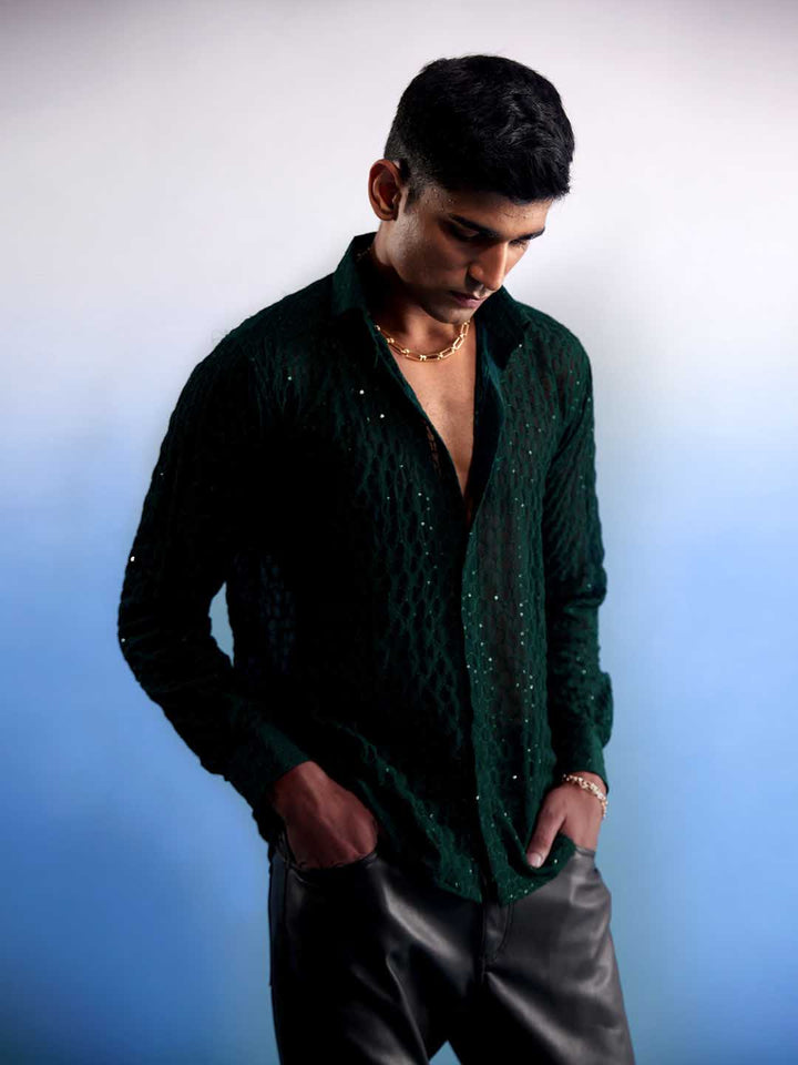 Elegant VASTRAMAY Men's Green Fancy Sequined Shirt for Special Occasions