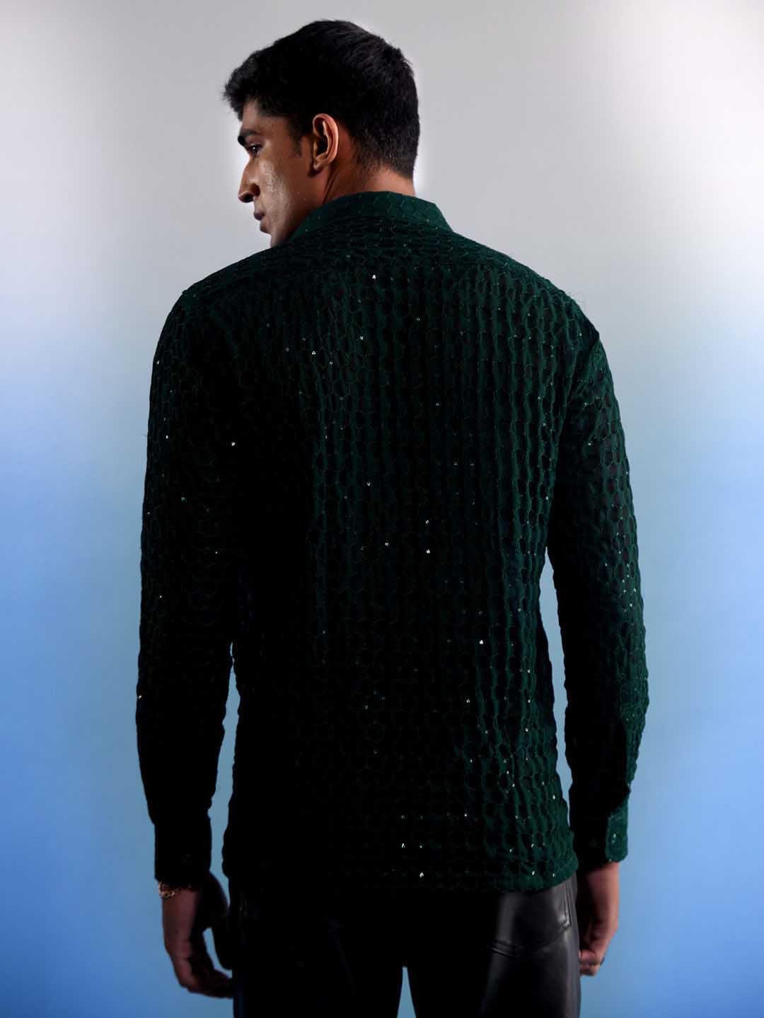 Elegant VASTRAMAY Men's Green Sequined Shirt with Stylish Embellishments