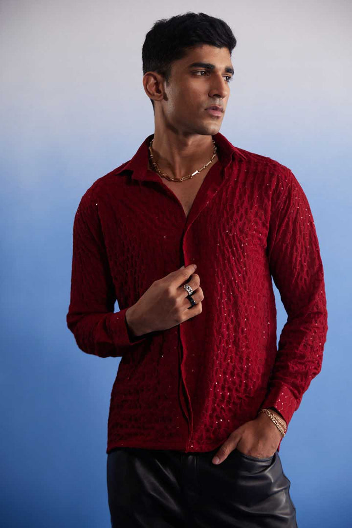 VASTRAMAY Men's Maroon Fancy Sequined Shirt with intricate sequin detailing and rich maroon color