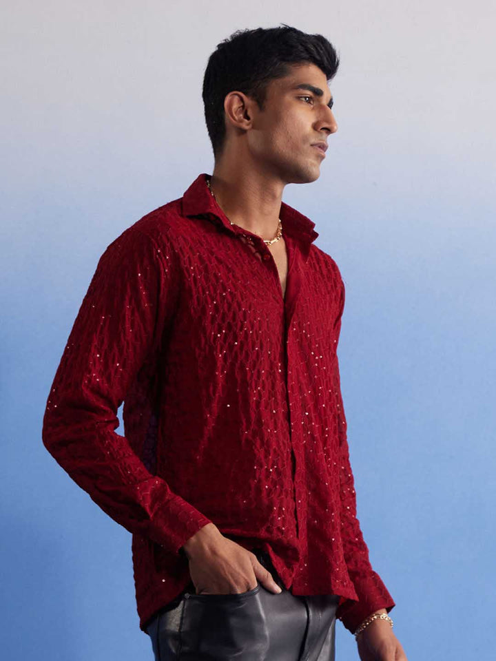 Handsome man in VASTRAMAY Maroon Fancy Sequined Shirt with stylish design