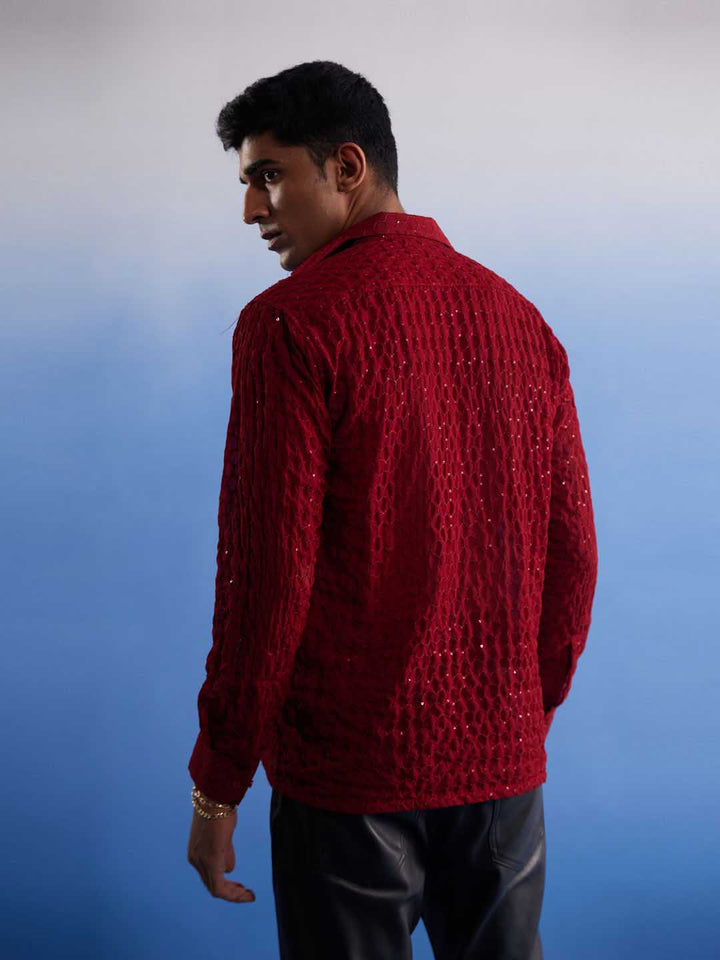  Close-up view of VASTRAMAY Men's Maroon Fancy Sequined Shirt with intricate sequin details