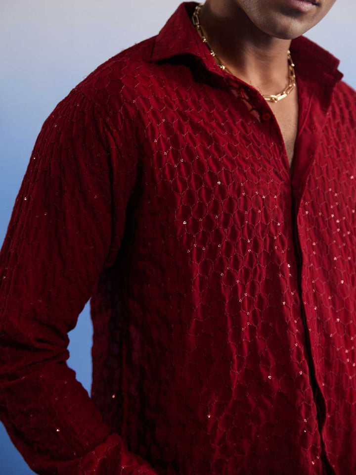  VASTRAMAY Men's Maroon Fancy Sequined Shirt with full sleeves and slim fit for a trendy look