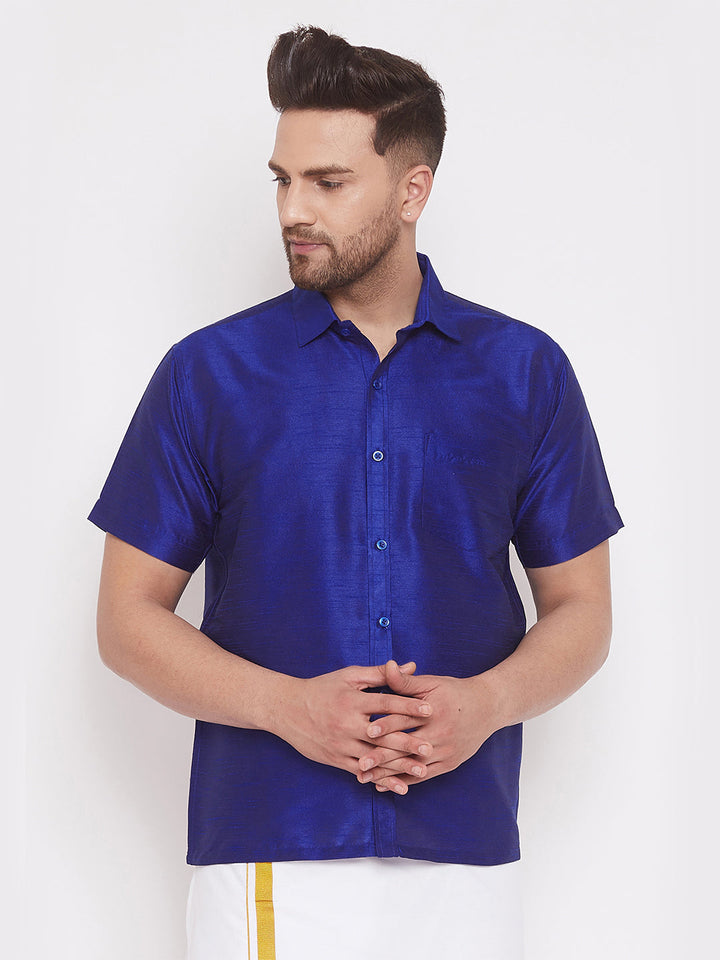 VM By VASTRAMAY Men's Blue Silk Blend Ethnic Shirt