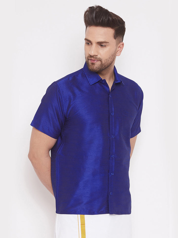 VM By VASTRAMAY Men's Blue Silk Blend Ethnic Shirt