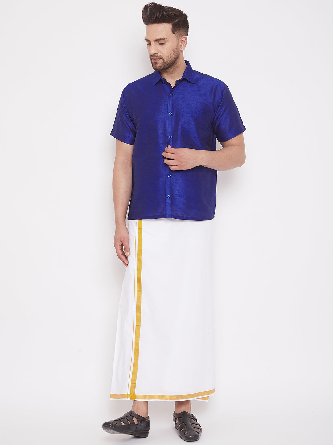 VM By VASTRAMAY Men's Blue Silk Blend Ethnic Shirt