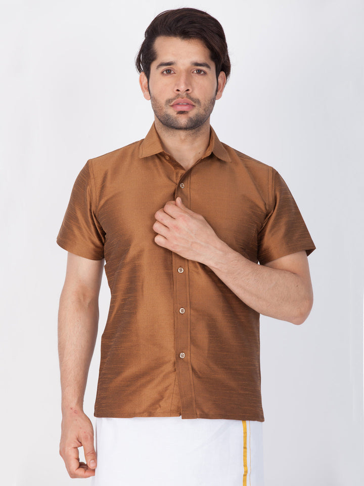 VM BY VASTRAMAY Men's Brown Silk Blend Ethnic Shirt