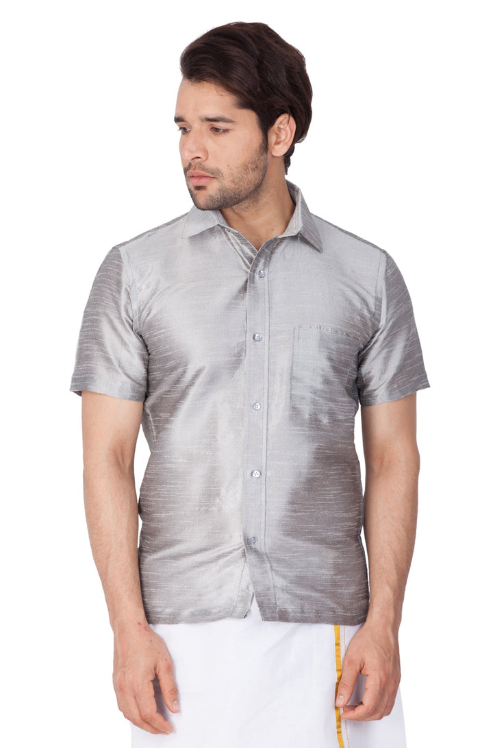 VM By VASTRAMAY Men's Grey Silk Blend Ethnic Shirt