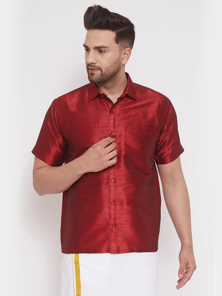 VM By VASTRAMAY Men's Maroon Silk Blend Ethnic Shirt