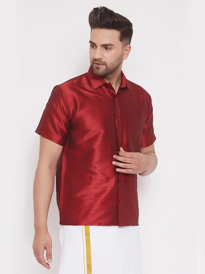 VM By VASTRAMAY Men's Maroon Silk Blend Ethnic Shirt