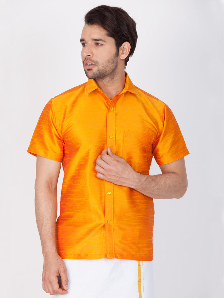 VM By VASTRAMAY Men's Orange Silk Blend Ethnic Shirt