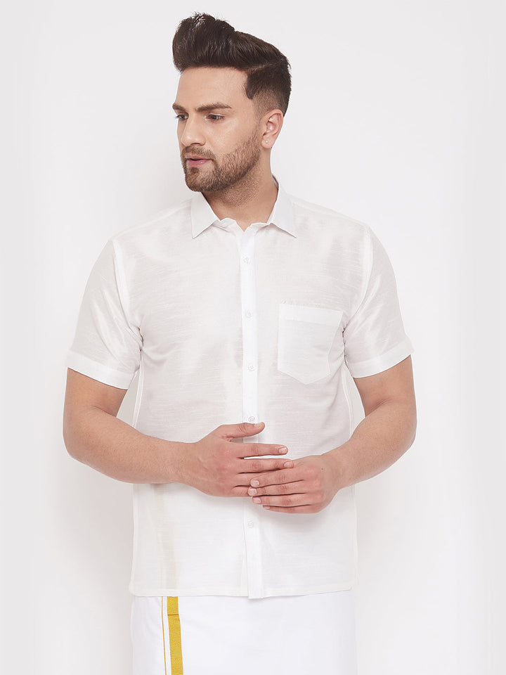 VASTRAMAY Men's White Silk Blend Ethnic Shirt