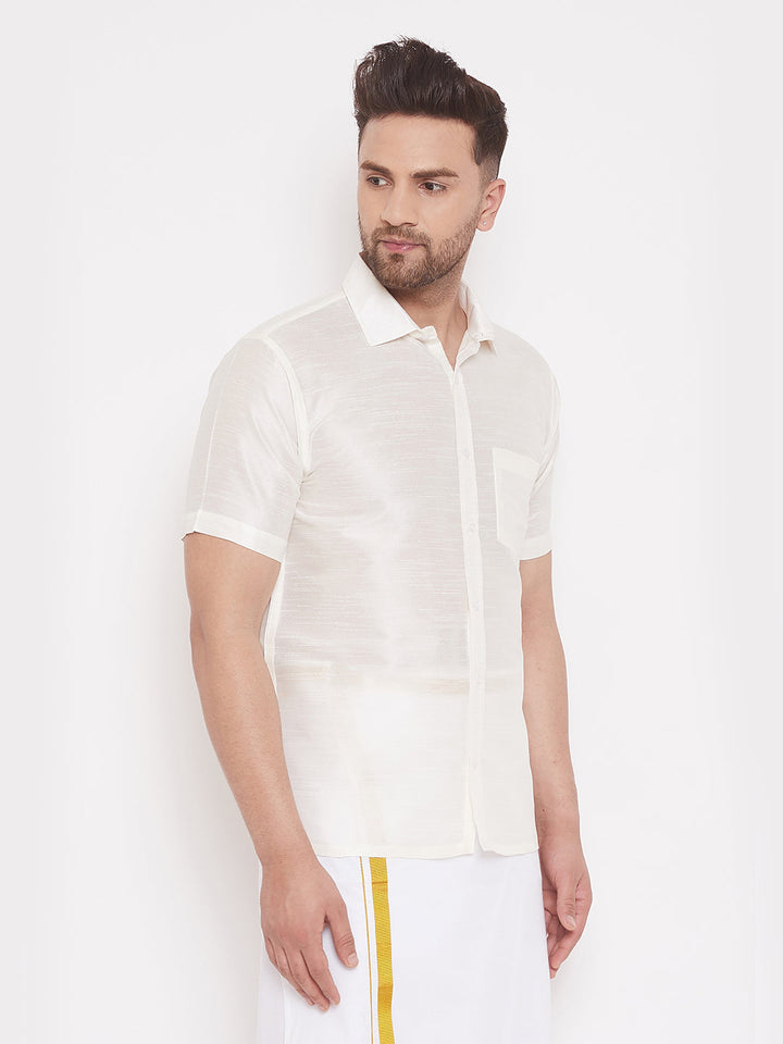 VASTRAMAY Men's White Silk Blend Ethnic Shirt