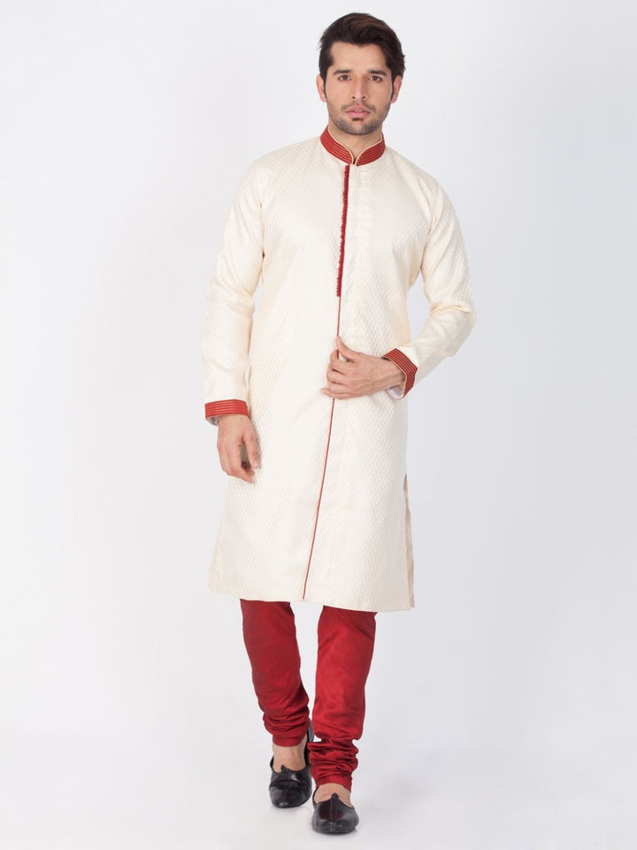 VASTRAMAY Men's Gold And Maroon Silk Blend Sherwani Set