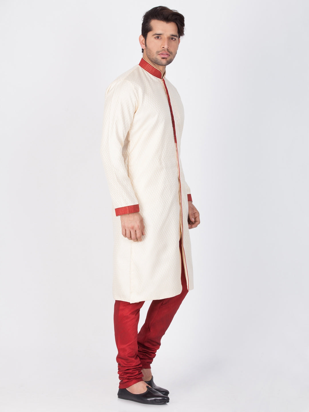 VASTRAMAY Men's Gold And Maroon Silk Blend Sherwani Set