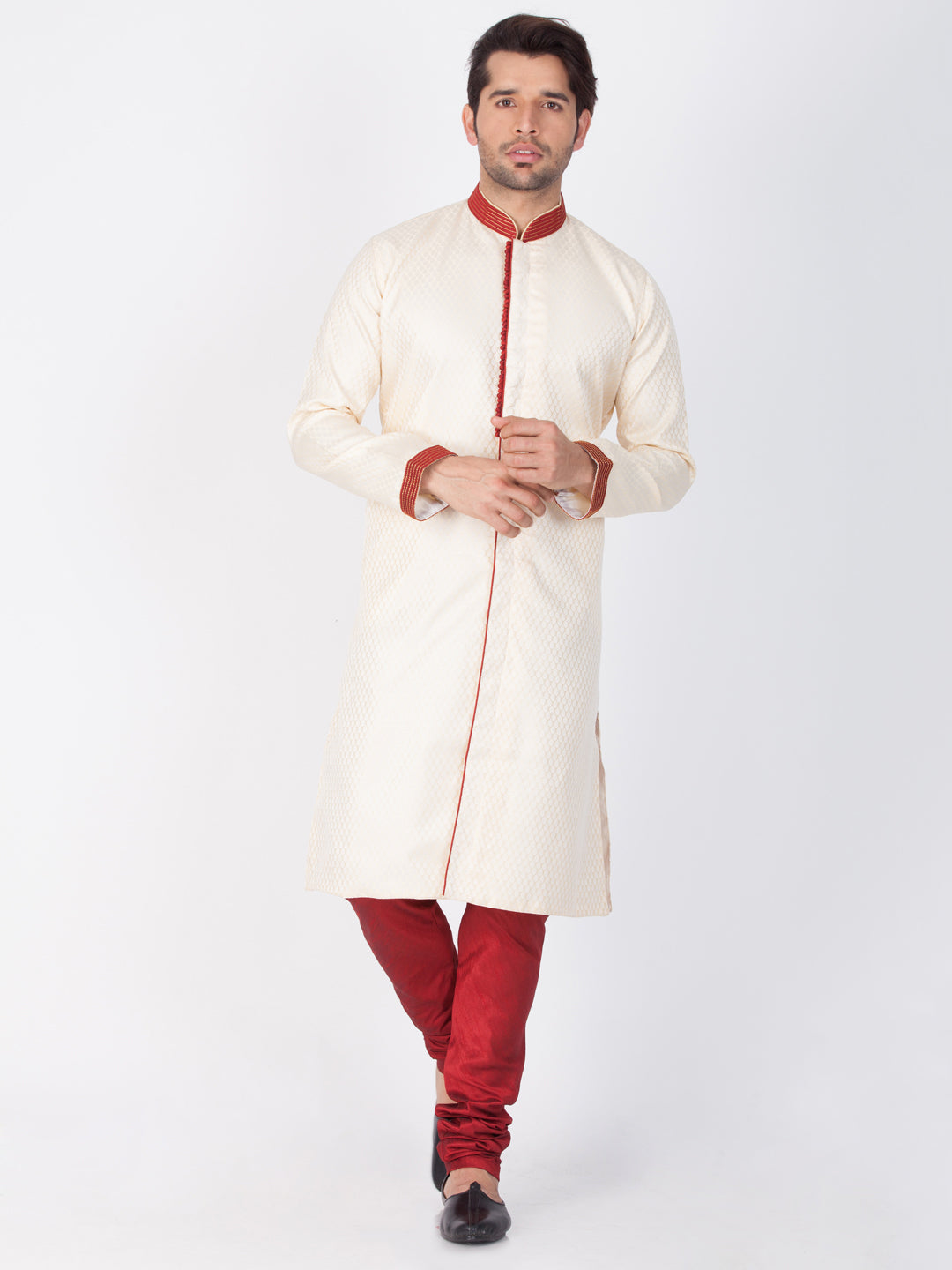 VASTRAMAY Men's Gold And Maroon Silk Blend Sherwani Set