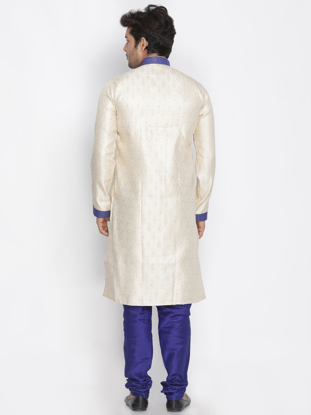 VASTRAMAY Men's Gold And Blue Silk Blend Sherwani Set