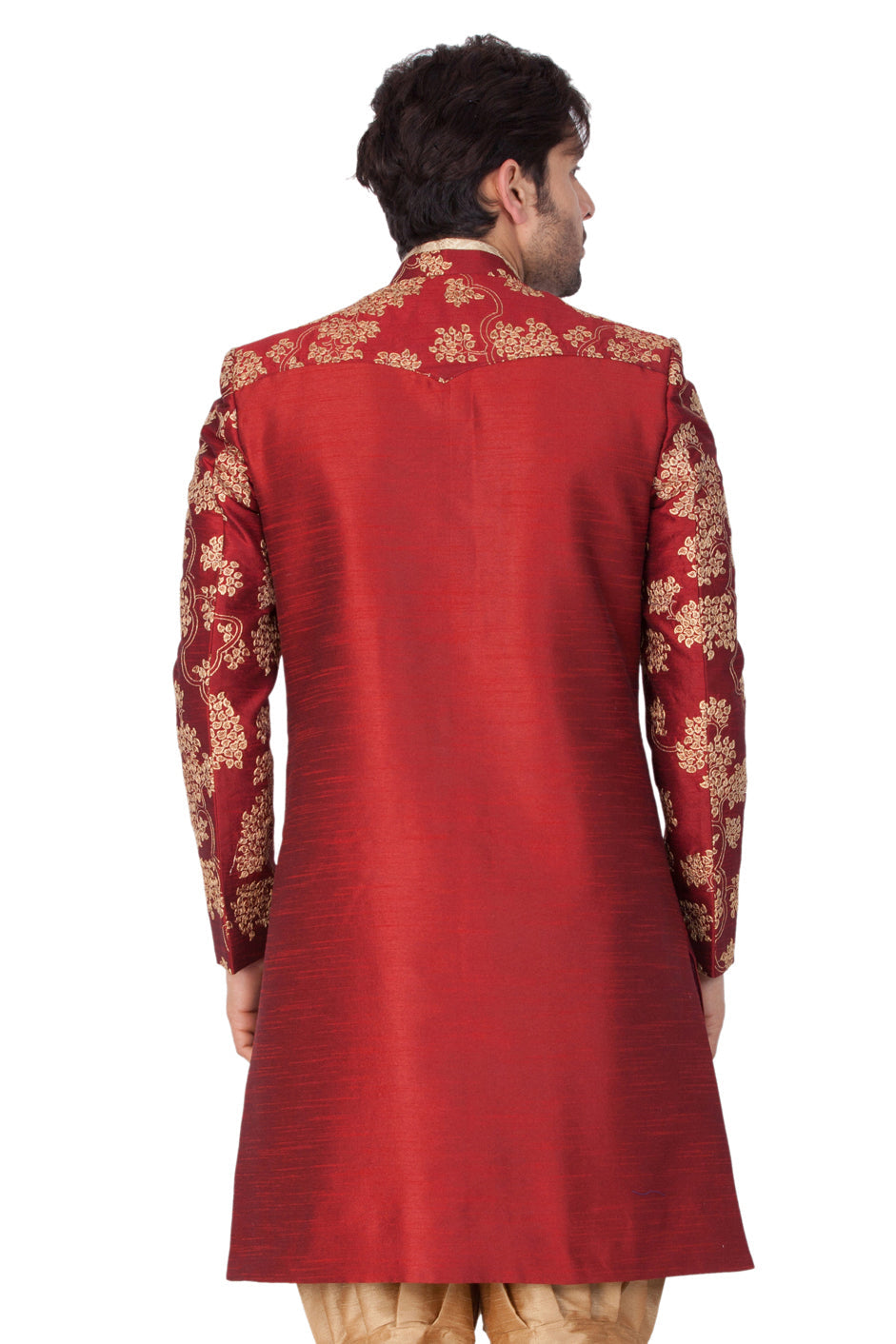 VM By VASTRAMAY Men's Maroon Silk Blend Sherwani Only Top