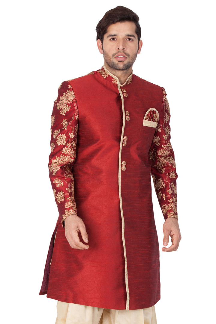 VM By VASTRAMAY Men's Maroon Silk Blend Sherwani Only Top