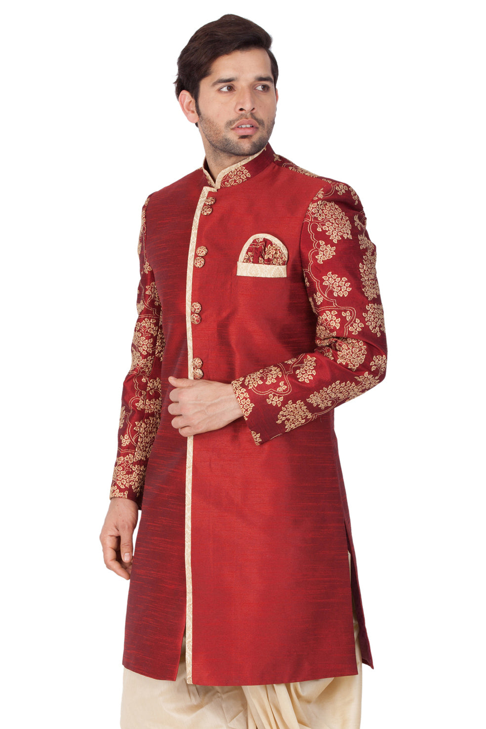 VM By VASTRAMAY Men's Maroon Silk Blend Sherwani Only Top