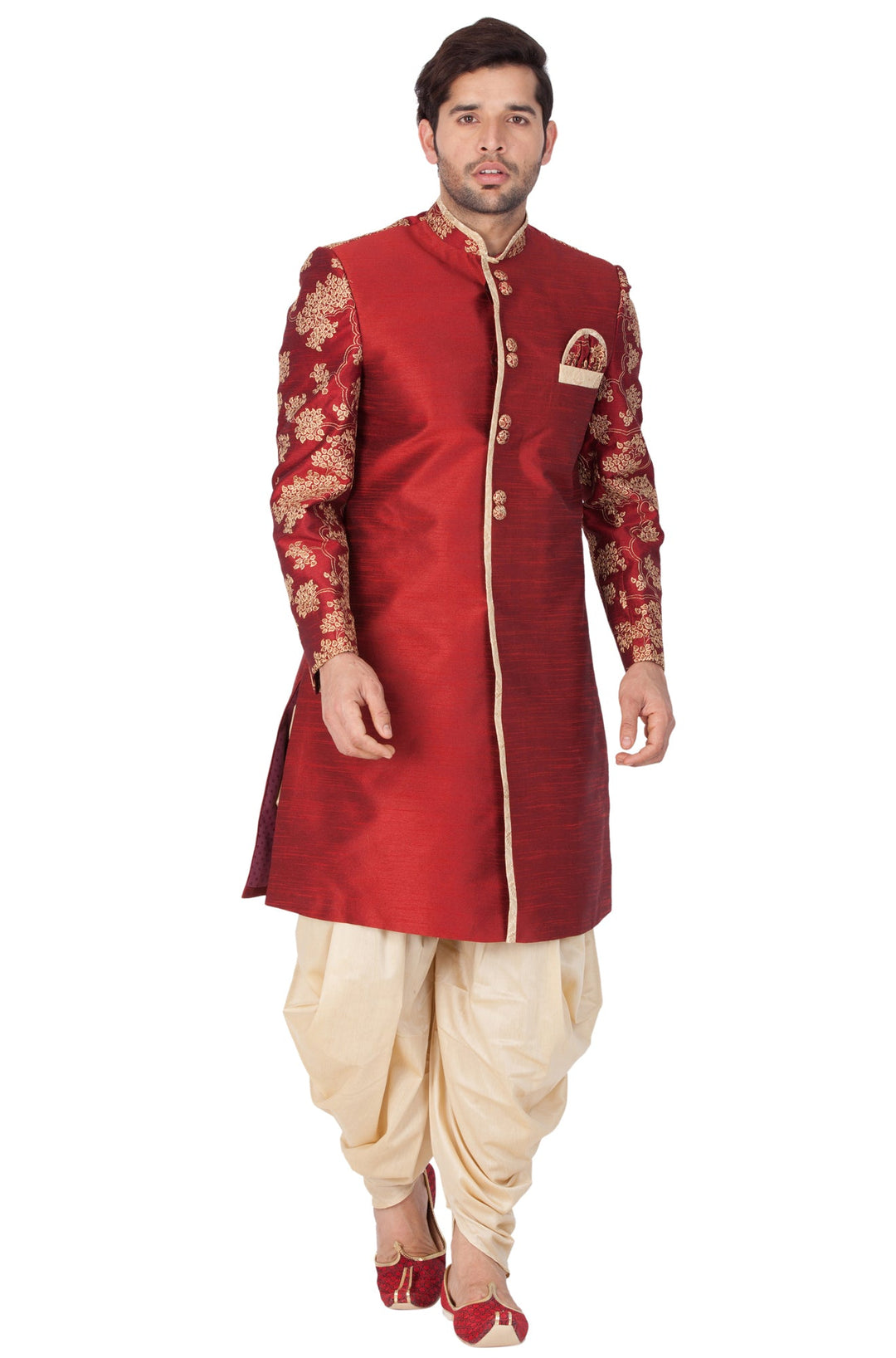 VM By VASTRAMAY Men's Maroon Silk Blend Sherwani Only Top