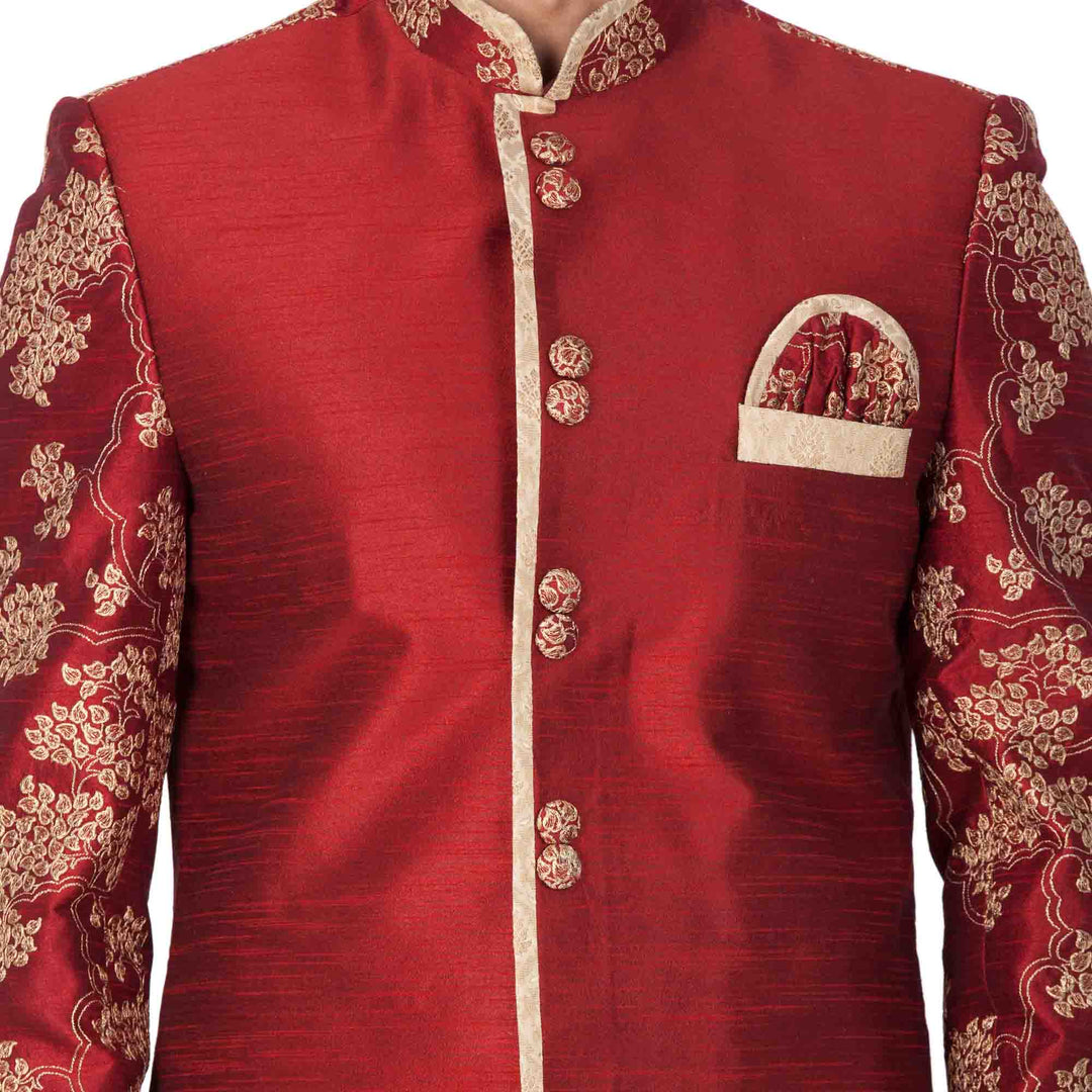 VM By VASTRAMAY Men's Maroon Silk Blend Sherwani Only Top