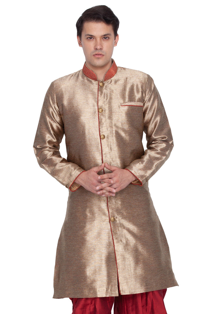 VASTRAMAY Men's Gold Cotton Silk Blend Sherwani Only Top