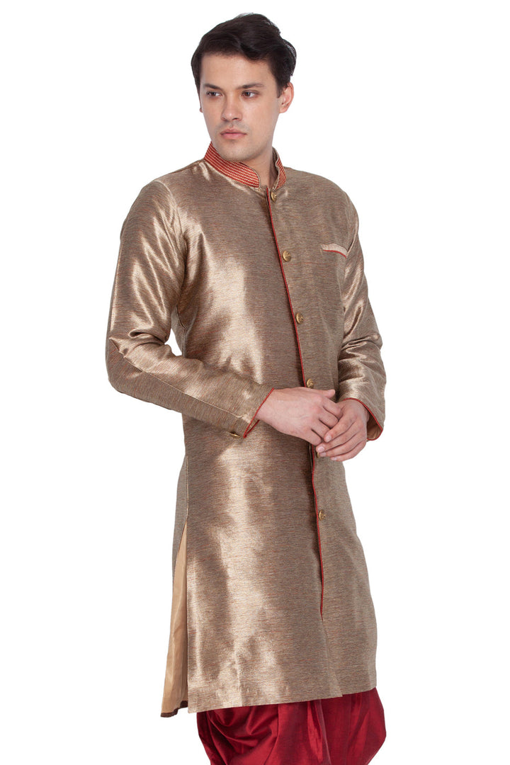 VASTRAMAY Men's Gold Cotton Silk Blend Sherwani Only Top