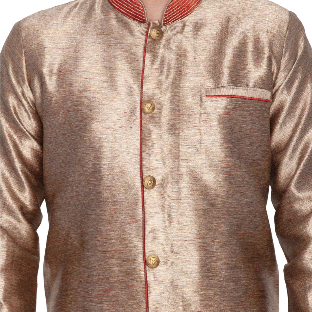 VASTRAMAY Men's Gold Cotton Silk Blend Sherwani Only Top