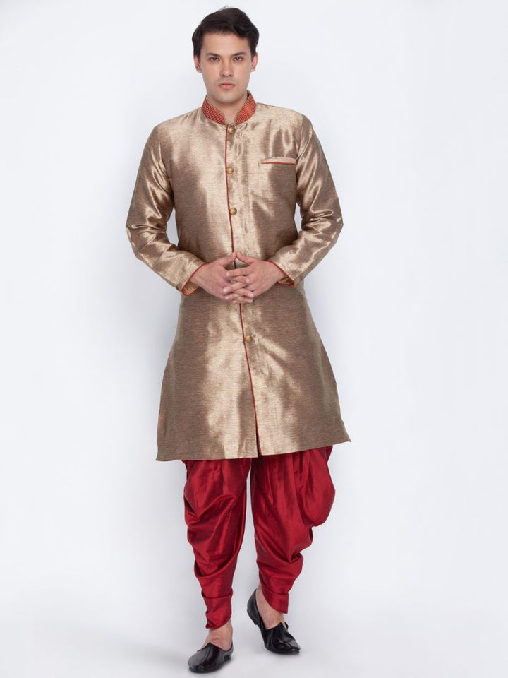 VASTRAMAY Men's Gold Cotton Silk Blend Sherwani Set