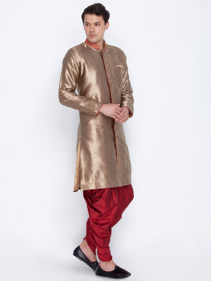 VASTRAMAY Men's Gold Cotton Silk Blend Sherwani Set