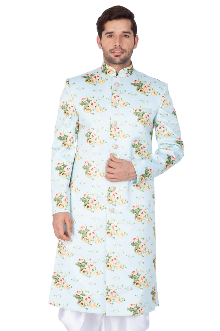 VASTRAMAY Men's Light Green Base Multicolor Cotton Blend Sherwani Only Top