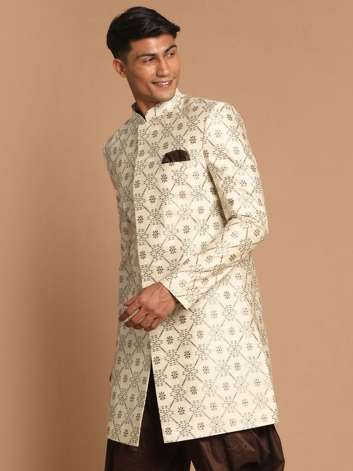 Vastramay Men's Beige Color Silk Blend Sherwani Top