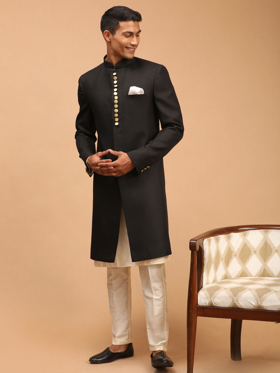 VASTRAMAY Men's Black Sherwani With Kurta Pant Set