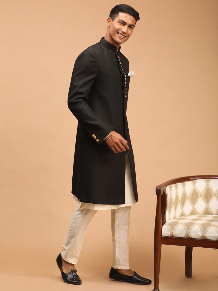 VASTRAMAY Men's Black Sherwani With Kurta Pant Set