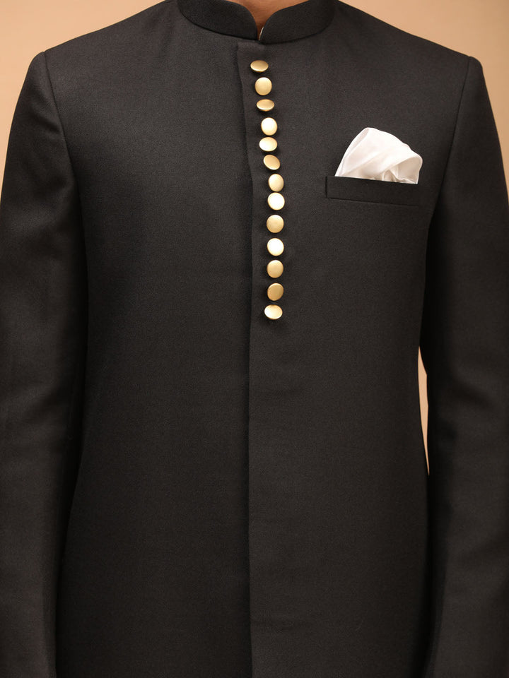 VASTRAMAY Men's Black Sherwani With Kurta Pant Set