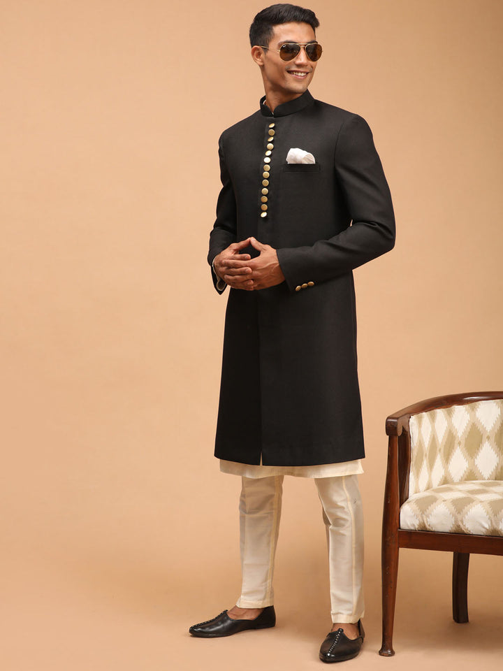 VASTRAMAY Men's Black Sherwani With Kurta Pant Set