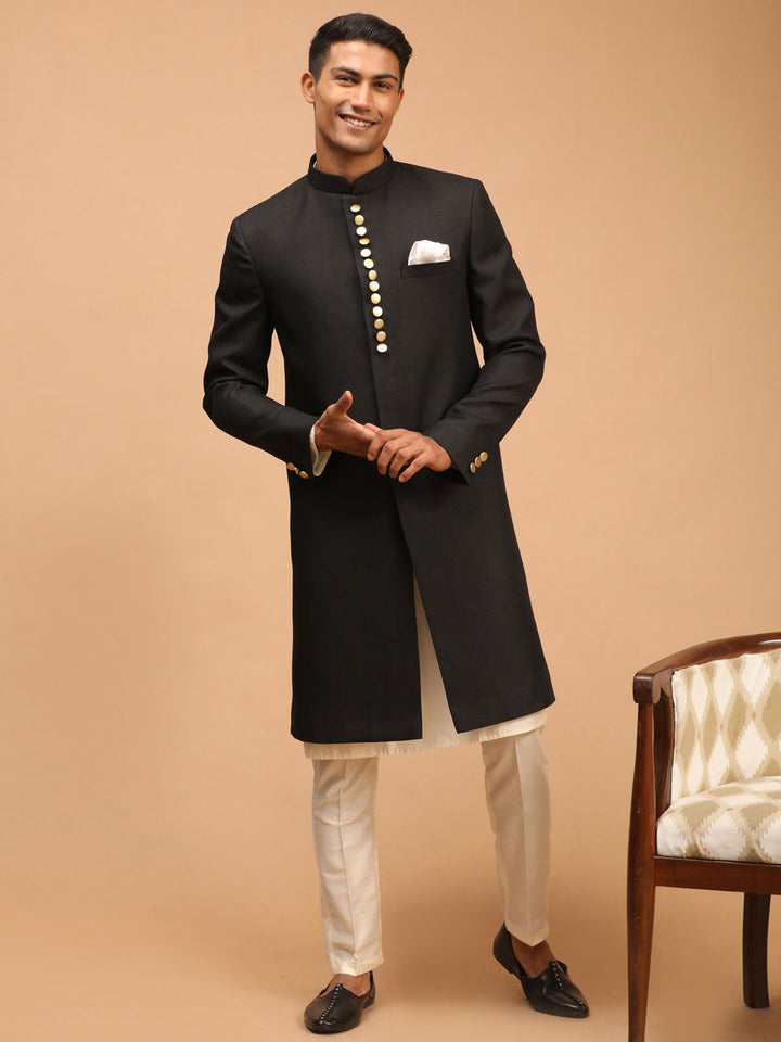 VASTRAMAY Men's Black Sherwani With Kurta Pant Set