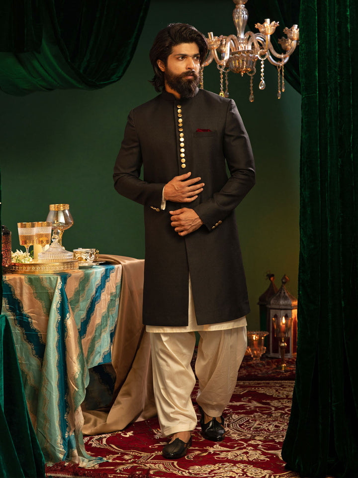 VASTRAMAY Men's Black Sherwani With Kurta Patiala Set