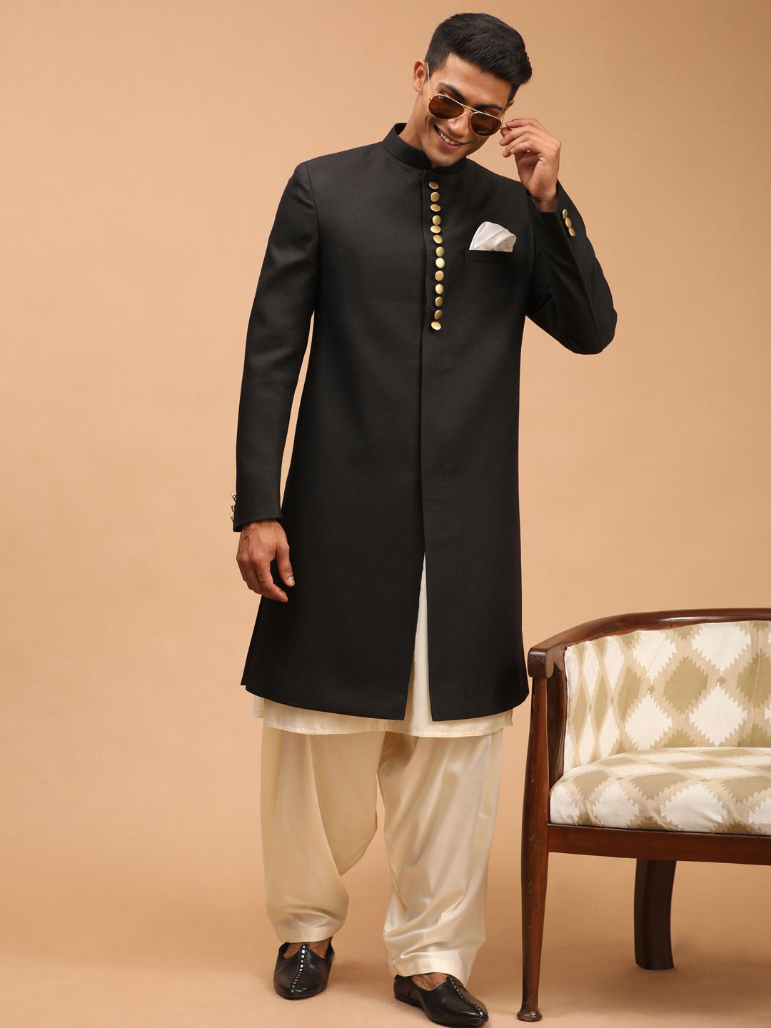 VASTRAMAY Men's Black Sherwani With Kurta Patiala Set