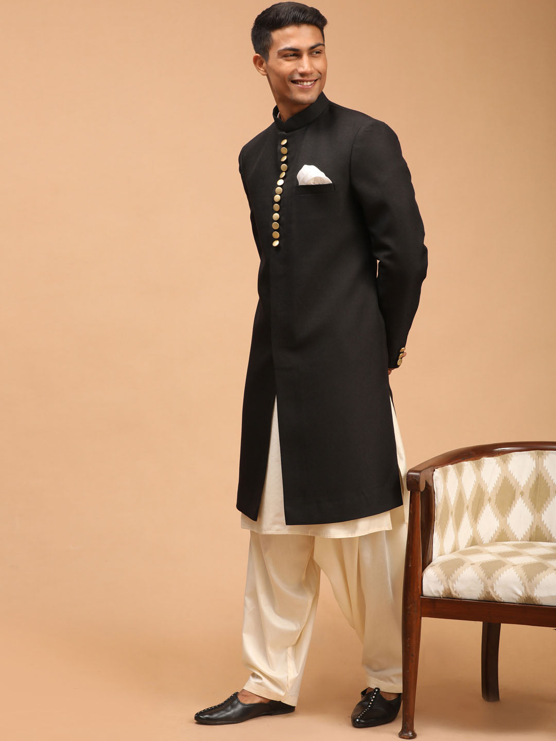 VASTRAMAY Men's Black Sherwani With Kurta Patiala Set