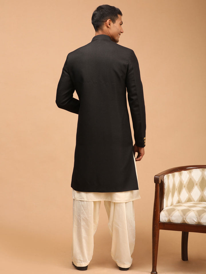 VASTRAMAY Men's Black Sherwani With Kurta Patiala Set