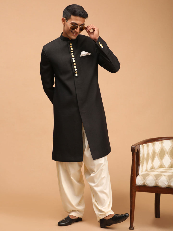 VASTRAMAY MEN'S BLACK SHERWANI WITH PATIALA SET